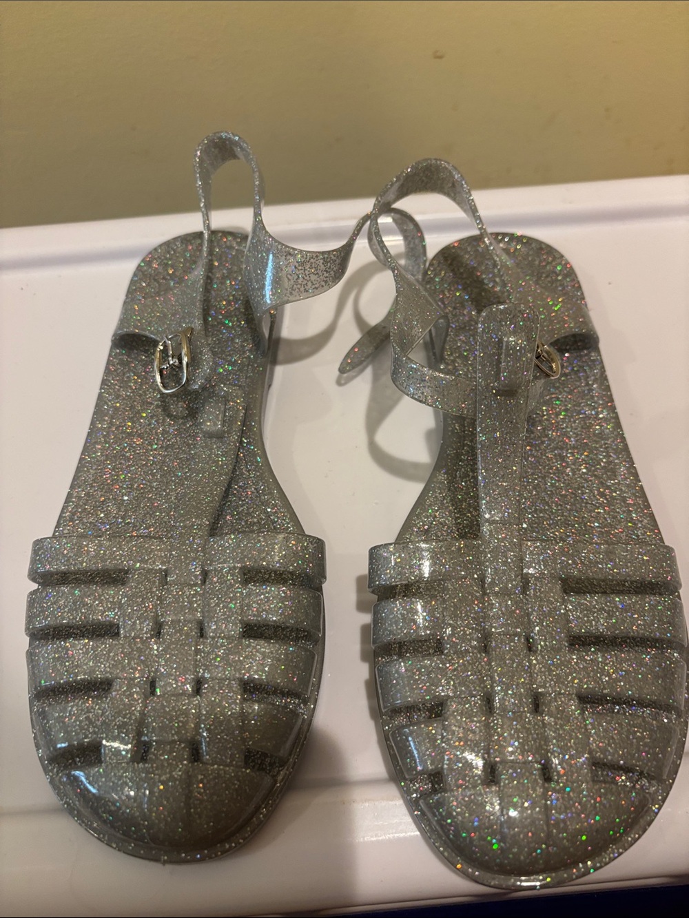 Old Navy Silver Glitter Jelly Sandals with Ankle Strap